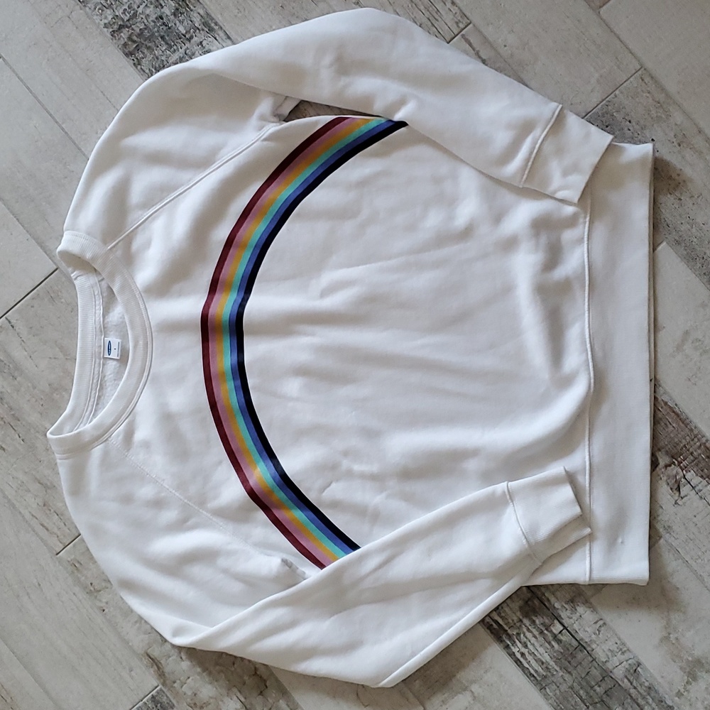 Women's Small White Crew Neck Sweatshirt Rainbow Graphic